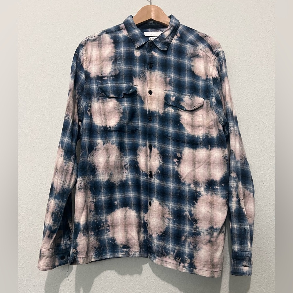 Distressed, casual, button-down plaid shirt